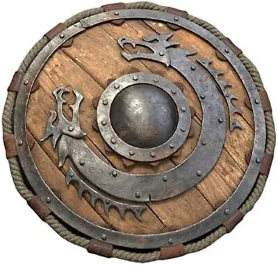 Medieval Warrior Wooden Viking Shield Round Shield Dragon Face Viking Collectibl • £95.88