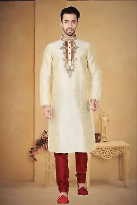 Kurta Indian Silk Men's Wear Cream Shirt Men Pajama Dress Clothing Traditional • £52.82