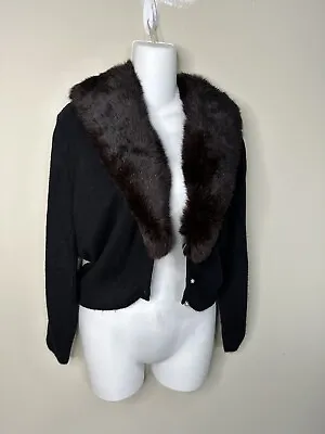 •Rare• VTG•  Cashmere  Sweater Cardigan With Natural Fur Collar ~XS/S • $65