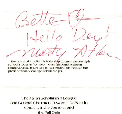 Marty Allen Comedian Autographed Signed Italian Scholarship Fall Gala Invitation • $22.49