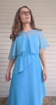 70s Vintage Blue Gown Formal Maxi Dress With Sheer Cape XS • $68