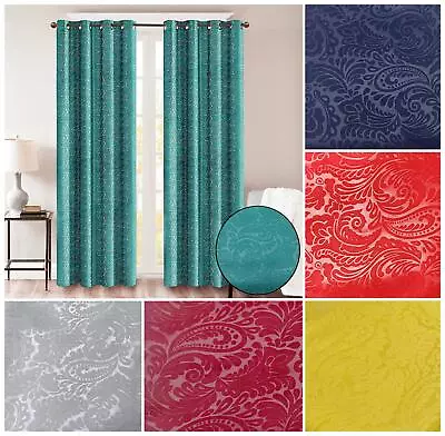 £15.95 • Buy Embossed Blackout Curtains Ring Top Eyelet Drape Paisley Floral Pattern TieBacks