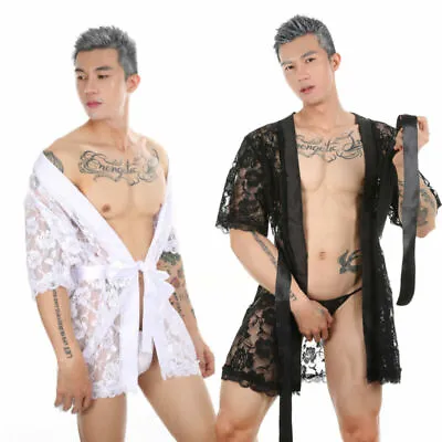 Men See Through Underwear Gown Pajamas Sexy Sissy Robe Lace Bathrobe Nightwear • $14.97