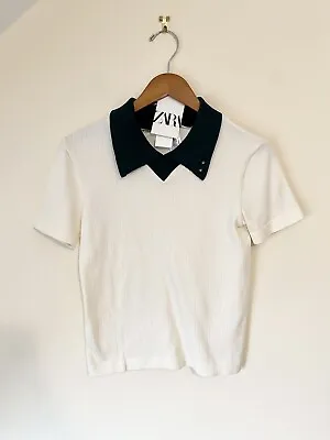 $14.63 • Buy Zara Ribbed Knit Collar T Shirt Top Cream Size M/L BNWT 