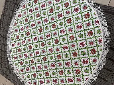 Vintage Christmas Holiday Cotton Tablecloth Bells Holly  MCM Fringe 60” Round • $18.99