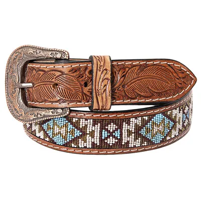 45RI Hilason 42  Hand Carved Western Leather Men Women Belt Beaded • $59.99