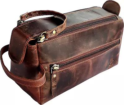 Leather Toiletry Bag Vintage Travel Shaving Kit For Toiletries Cosmetics (BROWN) • $48.71