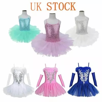 UK Girls Ballet Dance Dress Sequined Swan Ballerina Tutu Leotard Child Dancewear • £14.12