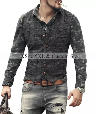 Men Suit Vest  Brown Black Waistcoat  Plaid Steampunk   V-neck Slim Fit Gilet • $56.32