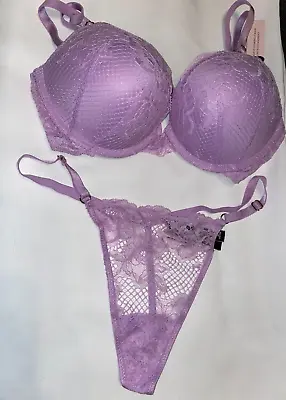 Victoria Secret BRA Thong Panty Set SEXY BOMBSHELL 34B M LOT NEW Purple Lace • $58.99