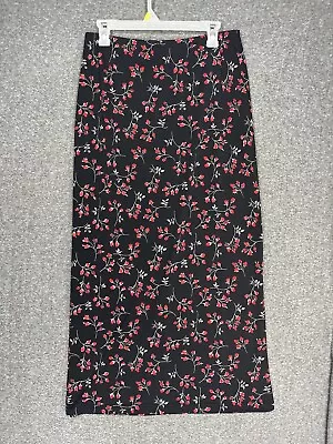Vintage Tracy Evans Maxi Skirt Women’s Large Black Red Rose Floral 90s Stretch • $19.99
