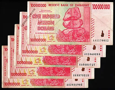 100 Million Zimbabwe Dollars X 5 Banknotes AA 2008 COA Certificate Authenticity • $19.99