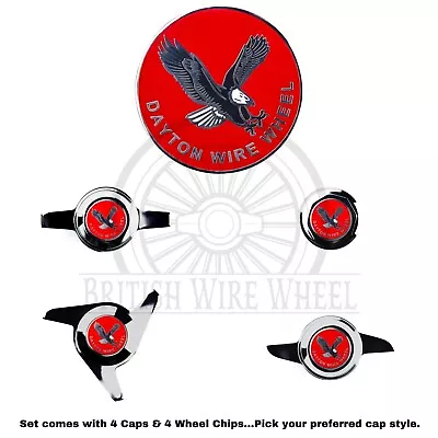 Dayton Eagle Chrome & Red Metal Wheel Chip Emblems With Spinner Caps Set Of 4 • $273.58