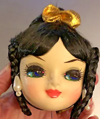 VTG Big Eye Doll Head For Fashion Doll Made In Korea 4” Bradley BLACK Hair & Bow • $50.57