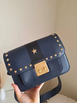 New Michael Kors Sloan Editor Shoulder Bag Leather Gold Star Studs Navy • $169
