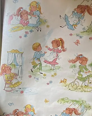 £49.16 • Buy Vintage 60s 70s Wallpaper Little Girl Little Boy Kitten Flowers Swing