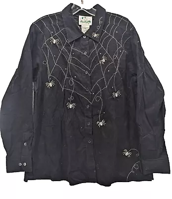 The Quacker Factory Black Silver Beaded Spider Button Halloween Shirt Medium • $38.88