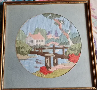 Vintage Framed Embroidered Picture Country Cottage House Garden Hand Stitch • $8.70