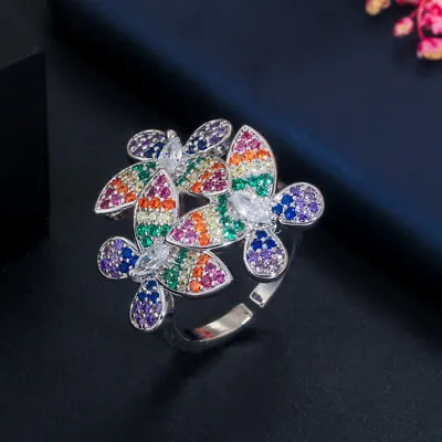 Adjustable 3D Flower CZ Open Cuff Ring Micro Pave Black Gold Plated Chic Jewelry • $9.14