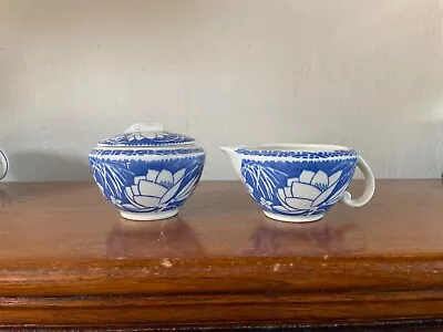 Vintage Vernon Kilns Blue Ultra Hawaiian Flowers Demi Sugar And Creamer Mint • $55