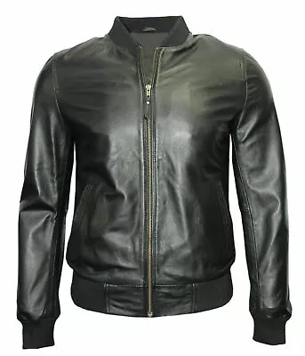 New 70'S Retro Bomber Men's Black Cool Classic Soft Nappa Leather Jacket • £69.99