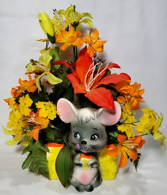 Smiling Happy Grey Bobble Head Mouse Planter In A Piece Of Cheese With Flowers • $29.95