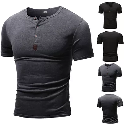 Mens Basic Short Sleeve Tee T-Shirt Button V Neck Muscle Slim Fit Summer Tops • £2.39