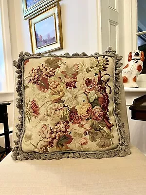 Vintage Wool Needlepoint Petit Point Floral Tassel Velvet Pillow Case Down Fill  • $295
