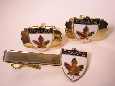 Canada Coat Of Arms Shield Maple Leaf Design Vintage Cuff Links & Tie Bar Clip • $39.49