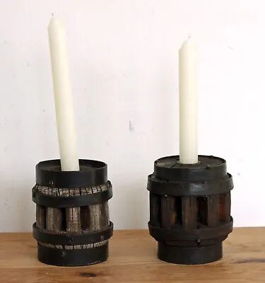 VINTAGE 11cm Candle Holders - Wooden Wagon Wheel Farmhouse Antique Candlestick • £39.99