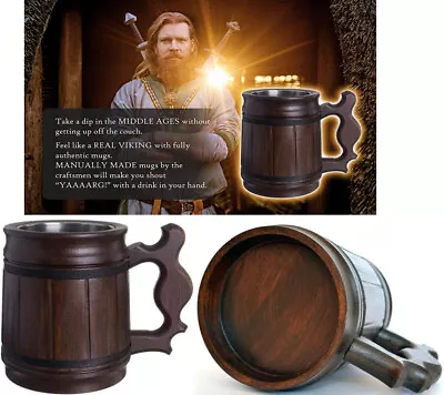 Wooden Viking Beer Mug Coffee Cup Handmade Wood Stainless Steel Stein Gift Xmas  • $96.47