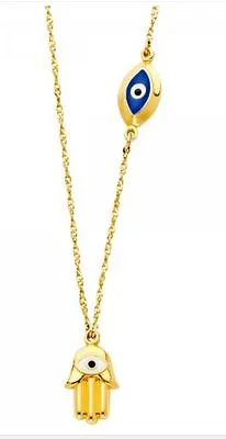   14K Solid Gold Evil Eye Hamsa Necklace With Man-made Diamonds - 17+1  • $260.88