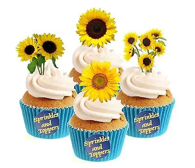 Novelty Sunflower Collection 12 Edible Stand Up Wafer Paper Cake Toppers  • £3.29