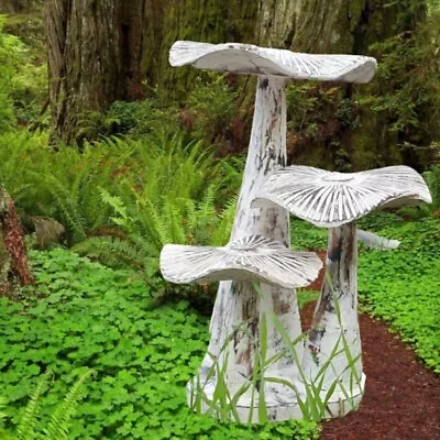 Hand Carved Wooden White Flat Top Mushroom Set On Base. Outdoor Mushroom Sculp • £32.95