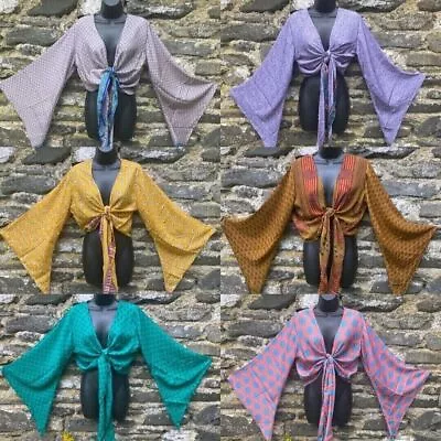 Wholesale 5 Pc Indian Vintage Silk Sari Bell Sleeve Crop Top Retro 60s Clothing • $99.11