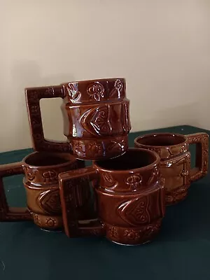 Vintage McCoy Pottery USA Western Belt Buckle Cowboy 935 Cups Mugs Set Of 4 • $39