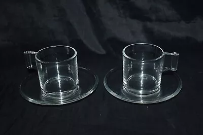 Vintage Espresso Cup & Saucer Clear Glass Square Handle Set Of 2 • $29.99