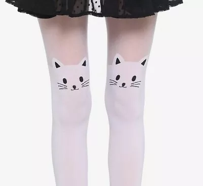 Hot Topic  Cute White   Opaque Cat Face Faux Thigh High Tights O/s Hard 2 Find • $12.99