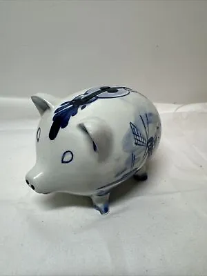 Vintage Handpainted Delft Blue Pig Piggy Bank Blue White Windmill Floral Design • $9