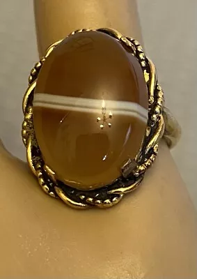 Vintage Goldfilled Banded Carnelian Agate Cab Ring Signed C&C 1/20 10K GF Size 5 • $49.95