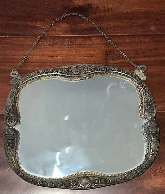 Antique Victorian Bronze Small 8.5” X 7” Mirror Swans Shells Hanging Display • $141.41