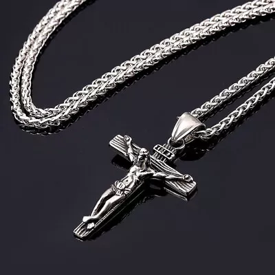 Stainless Steel Jesus Christ Crucifix Necklace Cross Pendant Chain Necklace Gift • $7.19