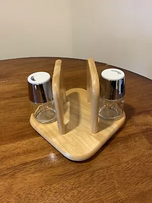 1970's MCM Natural Wood Napkin Holder With Salt & Pepper Shakers • $11