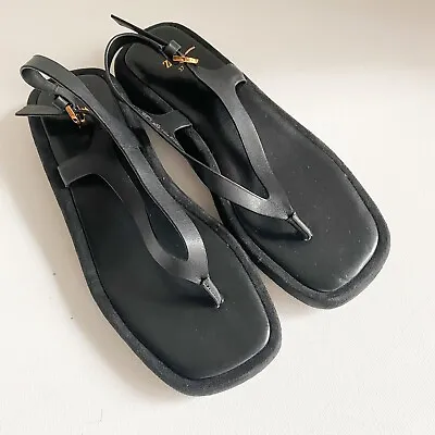 Zara Black Flatform Leather Thing Minimalist Simple Sandals 37 • $75