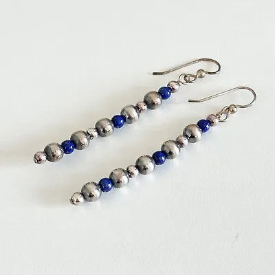 Vintage 925 Sterling Silver Lapis Lazuli Graduated Bead Ball Long Drop Earrings • $39.99