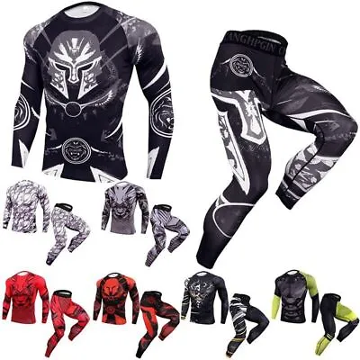 Mens Compression Tight Base Layer Long Under Shirt&Pants Sport Suit Set Running • £15.06