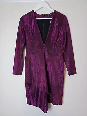 River Island Plunge Front Tailored Long Sleeve Glitter Dress  - Purple - UK 10 • £7.99