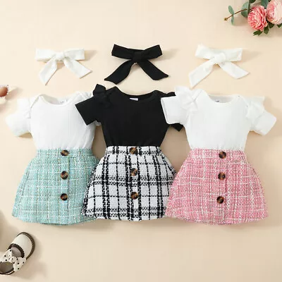 3Pcs Newborn Baby Girls Clothes Ruffle Romper Tops Skirts Dress Headband Outfits • £9.19