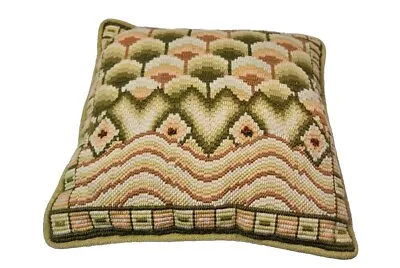 Vintage Needlepoint Beige Green Hold Peach Coral 12 X12  Decorative Pillow • $23.79