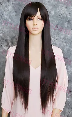 Dark Brown Extra Long Layered Flat Straight Heat Safe Human Hair Blend Wig EVBA • $69.85
